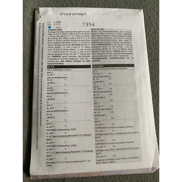 Vogue Accessories Pattern 7354 Evening Bags Handbag Sewing Patterns uncut - Picture 2 of 2